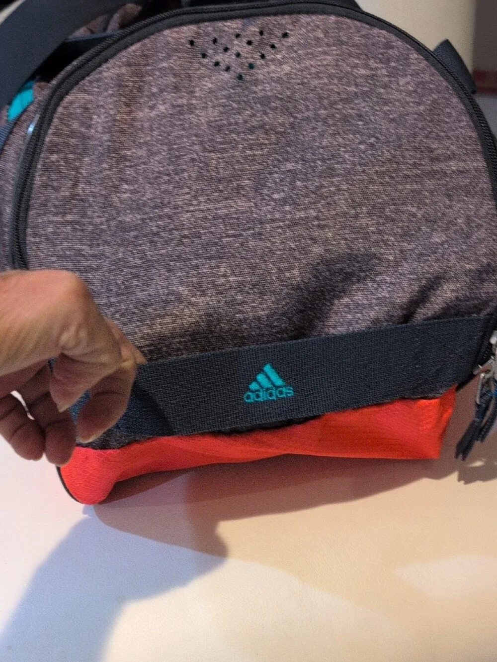 Adidas Squad 3 Red and Gray Duffel Bag with Teal Accent